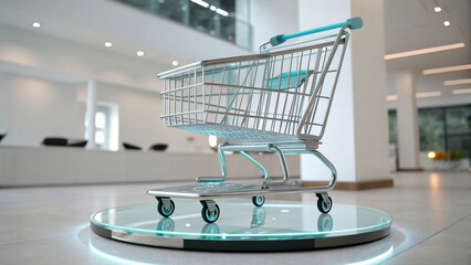 Modern shopping cart on a glowing pedestal in a contemporary retail space