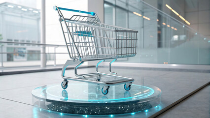 Advanced digital shopping cart on a luminous holographic display, epitomizing the future of online retail technology