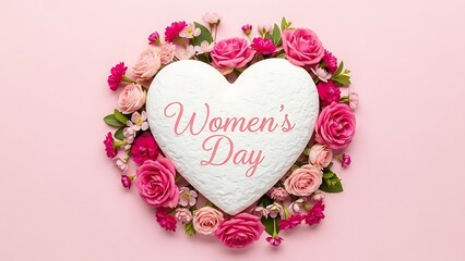 Heart shaped greeting for womens day surrounded by beautiful pink and red roses