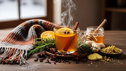 Warm beverage with spices and honey composition
