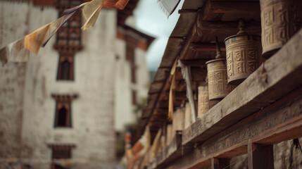 Celebrating Lhamoi Dromchhen Festival in Trongsa Dzong, Bhutan with vibrant prayer wheels and colorful flags
