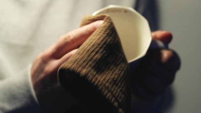 A person holds a clean ceramic cup.
Washing dishes and wiping off water and dirt.
Close-up of a teacup