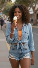 Woman with Ice Cream on City Street