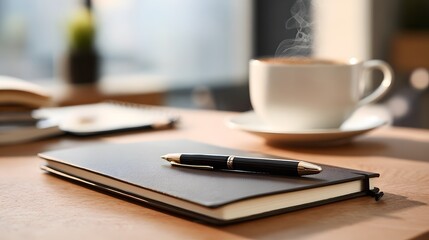 Warm Steaming Coffee and Notebook on Wooden Desk at Sunrise