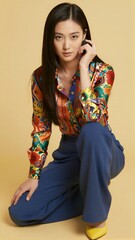 Woman in Patterned Shirt and Blue Trousers
