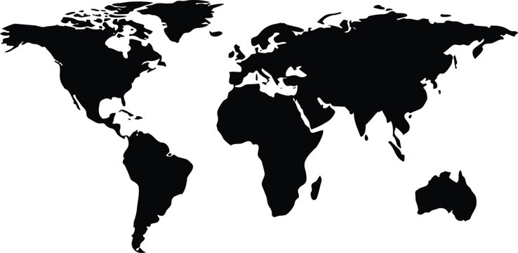 A clean and modern minimalist black silhouette of the world map continents against a white backdrop
