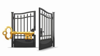 Golden key unlocks open gate, symbolizing key to success and new opportunity. Key to success graphic shows unlocked potential, freedom. Concept key to success for business, personal growth,