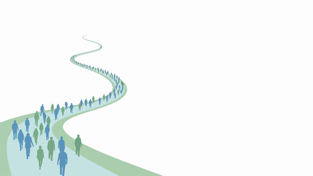 Stylized people walking path on winding road leading forward on white background. Group of diverse people walking path, representing journey, progress, or community.