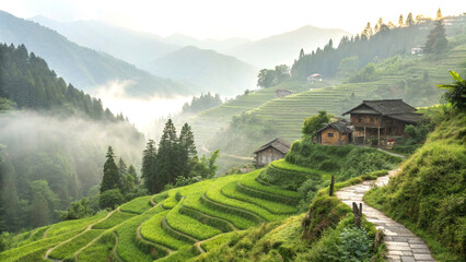 Misty mountain valley with terraced rice fields and huts