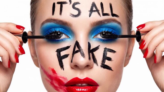 Woman applying makeup with fake beauty message written on face on white background.