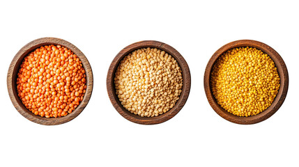 Three bowls of grains: lentils, wheat, and millet