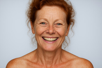 Portrait of happy and smiling caucasian middle aged woman with reddish hair and with wrinkles and with freckles looking at camera