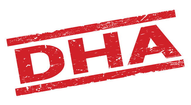 DHA text on red rectangle stamp sign.
