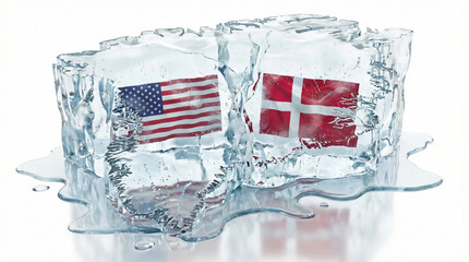 Melting ice cubes with USA and Denmark flags symbolizing international relations