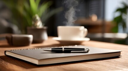 Warm Steaming Coffee and Notebook on Wooden Desk at Sunrise