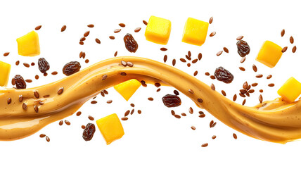 Caramel sauce with cheese cubes and coffee beans