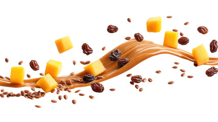 Caramel drizzle with cheese cubes and raisins on transparent background