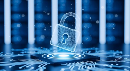 Lock Symbol Floating Above Circuit Board Implies Digital Security Solutions
