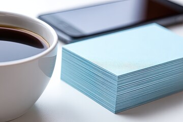 Stack Of Light Blue Sticky Notes With Coffee Cup And Phone On White Desk