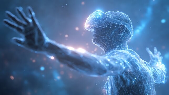 A glowing, ethereal person, wearing VR headset, arms outstretched in digitally generated scene
