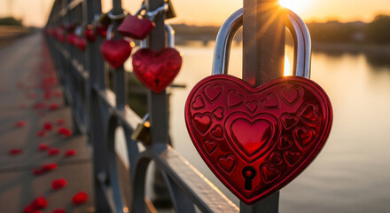 Romantic heart shaped love locks on bridge with sunset background
