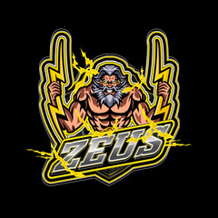 Powerful zeus mascot logo design for e-sports gaming emblem thunder god with lightning yellow modern concept style badges. Perfect for e-sports teams, gaming clans, branding, apparel, or merchandise.
