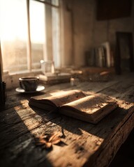 Open Book On Wooden Table By Window With Sunlight