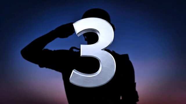 Video, countdown from 5 to 1 with a silhouette of a soldier saluting in the background