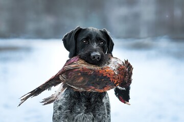 German Wirehaired Pointer female Mamba in the snow and during snowfall