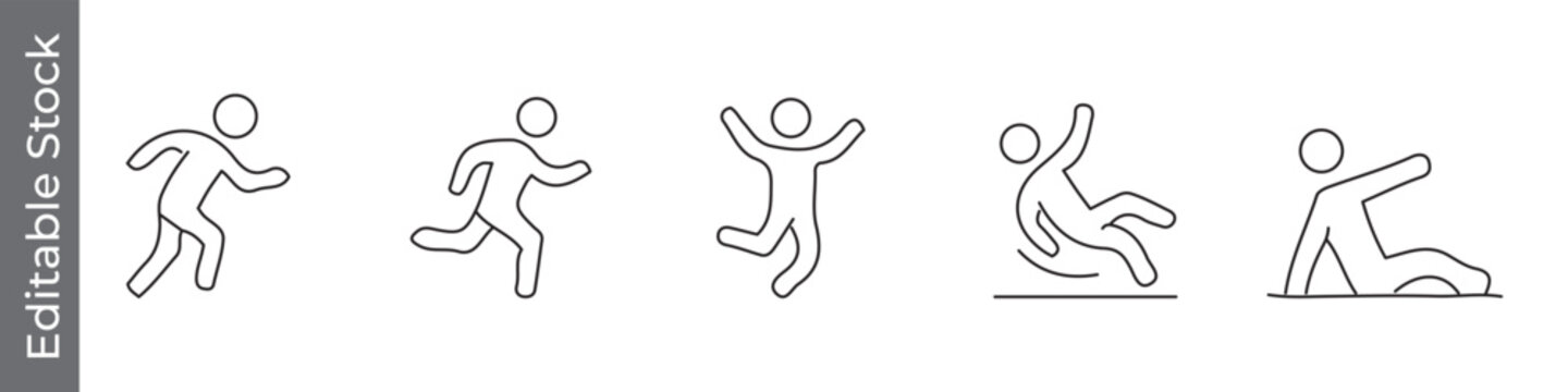 Running, jumping, run and falling icon set &ndash; editable outline symbols of movement, action, slip, accident and sports injury