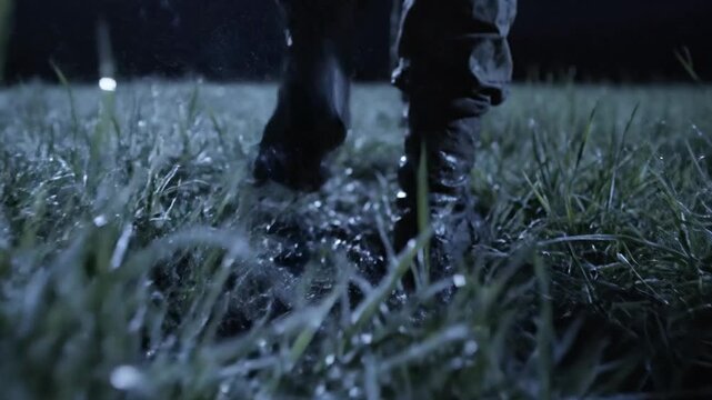 Close-Up Low Angle Shot of Boots Stealthily Moving Through Wet Grassy Terrain