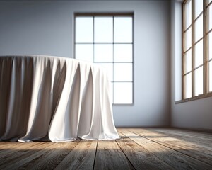 Empty White Tablecloth On Wooden Floor In Modern Room With Window