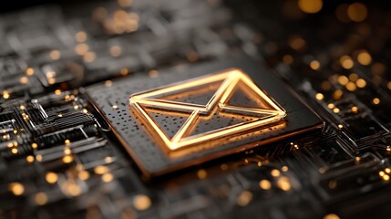 Glowing digital envelope symbol embedded on a computer chip, symbolizing communication