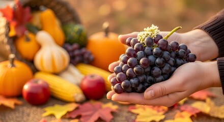 Purple grapes in hands isolated on transparent background for harvest design