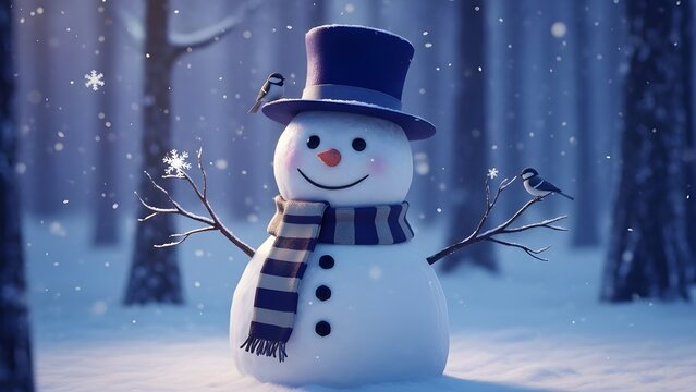 Feliz Navidad y pr&oacute;spero a&ntilde;o nuevo tarjeta de felicitaci&oacute;n con espacio de copia. Feliz mu&ntilde;eco de nieve parado en el paisaje invernal. Fondo de nieve