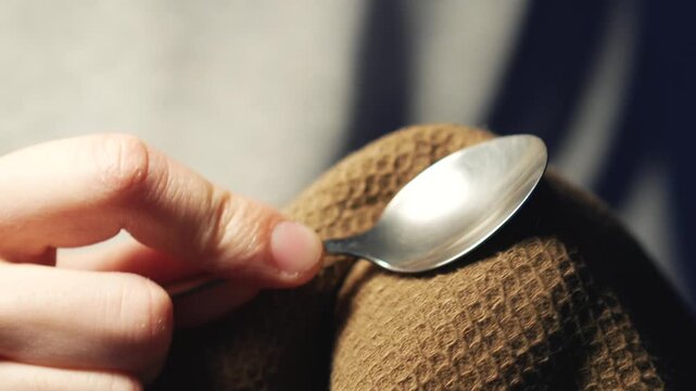 A barista wipes a teaspoon with a brown towel.
The dishes are clean.
The towel and spoon are in the guy's hands.