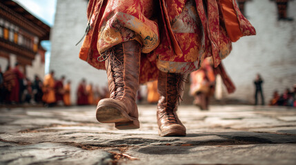 Punakha Drubchen celebration in Punakha Dzong, Bhutan, showcasing vibrant traditional dance and cultural heritage in an ancient courtyard setting