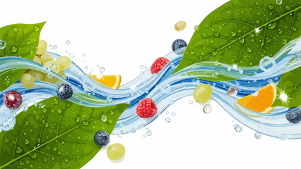 Dynamic fresh fruit water splash with juicy berries, green leaves, and citrus slices. Vibrant fresh fruit water composition includes refreshing blueberries, sweet raspberries, ripe grapes,