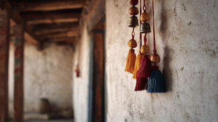 Celebrating Punakha Drubchen in Punakha Dzong, Bhutan with vibrant decorations and traditional tassels hanging from the ceiling