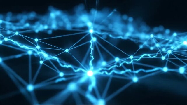 Glowing neural network lines on dark background, slow camera zoom, scientific technology visualization