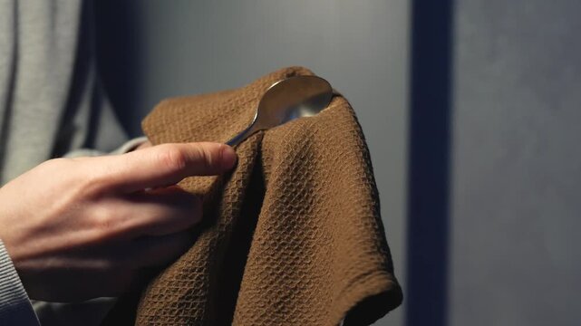 A barista wipes a teaspoon with a brown towel.
The dishes are clean.
The towel and spoon are in the guy's hands.