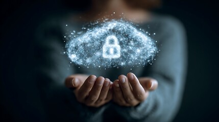 Person cupping hands under a digital cloud with glowing security lock