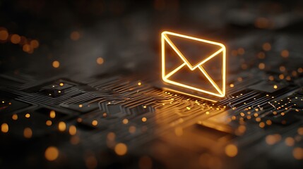 Glowing digital envelope icon on a circuit board, representing online communication