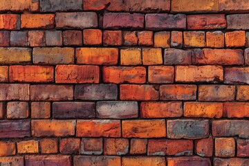 Fototapeta premium Close-up of an old, weathered brick wall with varying shades of red, orange, and brown