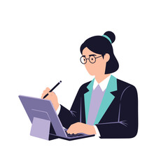 Businesswoman working on a laptop with a stylus.