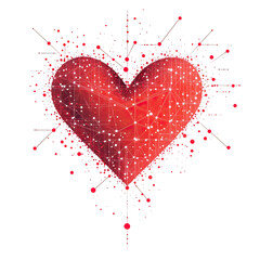 Abstract red heart with digital lines on transparent background