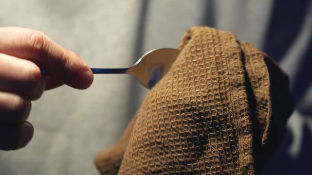 Using a towel to wipe a spoon.
Empty spoon and towel in a guy's hands.
Dirty dishes and hygiene