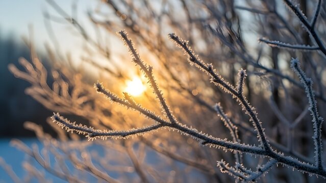 Ramas de abedul cubiertas de escarcha (Betula pendula) en el paisaje invernal retroiluminadas por el sol de &aacute;ngulo bajo.
 Enfoque selectivo y poca profundidad de campo.