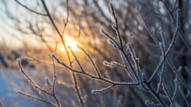 Ramas de abedul cubiertas de escarcha (Betula pendula) en el paisaje invernal retroiluminadas por el sol de &aacute;ngulo bajo.
 Enfoque selectivo y poca profundidad de campo.