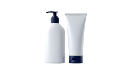 White cosmetic bottles with blue caps isolated on a transparent background
